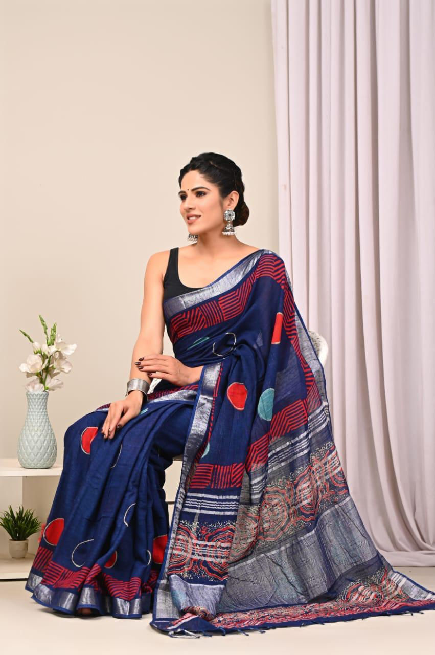 Natural Coloured Hand Printed Linen Saree with Blouse