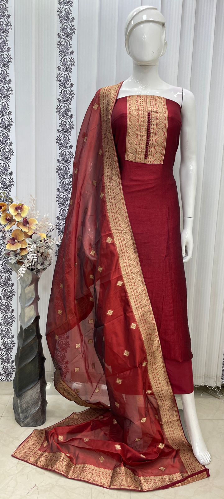 Red Vichitra Neck Unstitched Dress Material