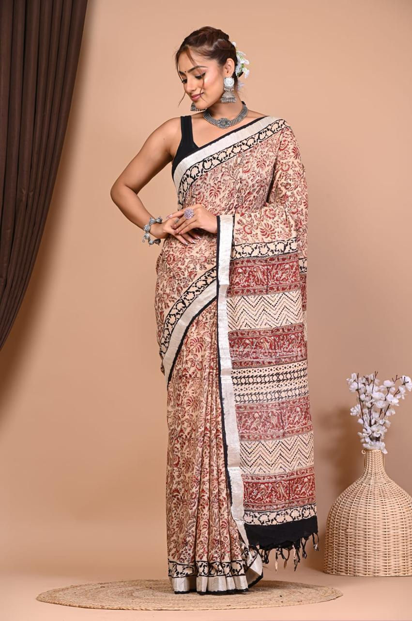 Natural Coloured Hand Printed Linen Saree with Blouse