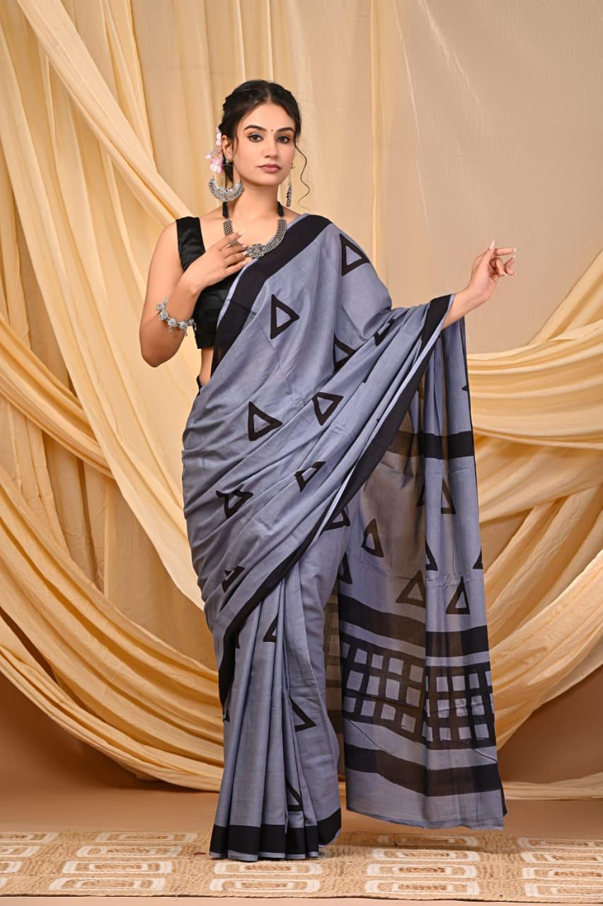 Handprinted Mul Cotton Saree with Blouse