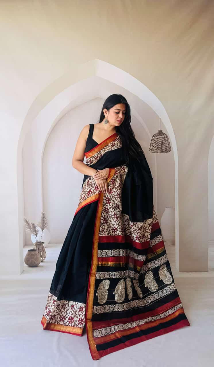Bagru Handblock and Ajrakh Printed Pure Maheshwari Silk Sarees