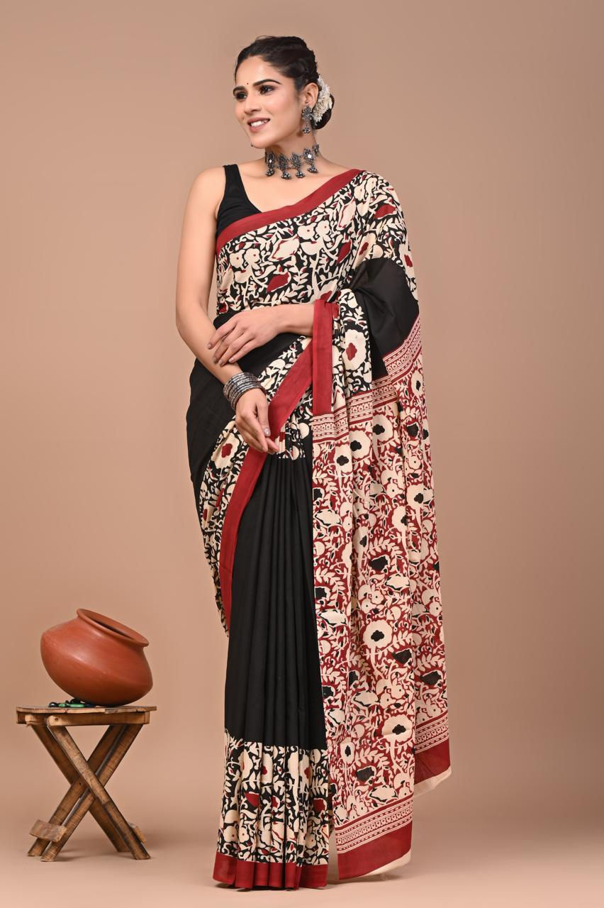 Cotton Handprinted Mulmul Saree with Blouse
