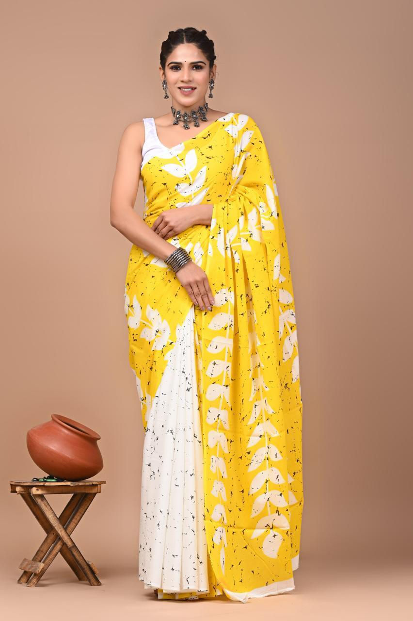 Cotton Handprinted Mulmul Saree with Blouse