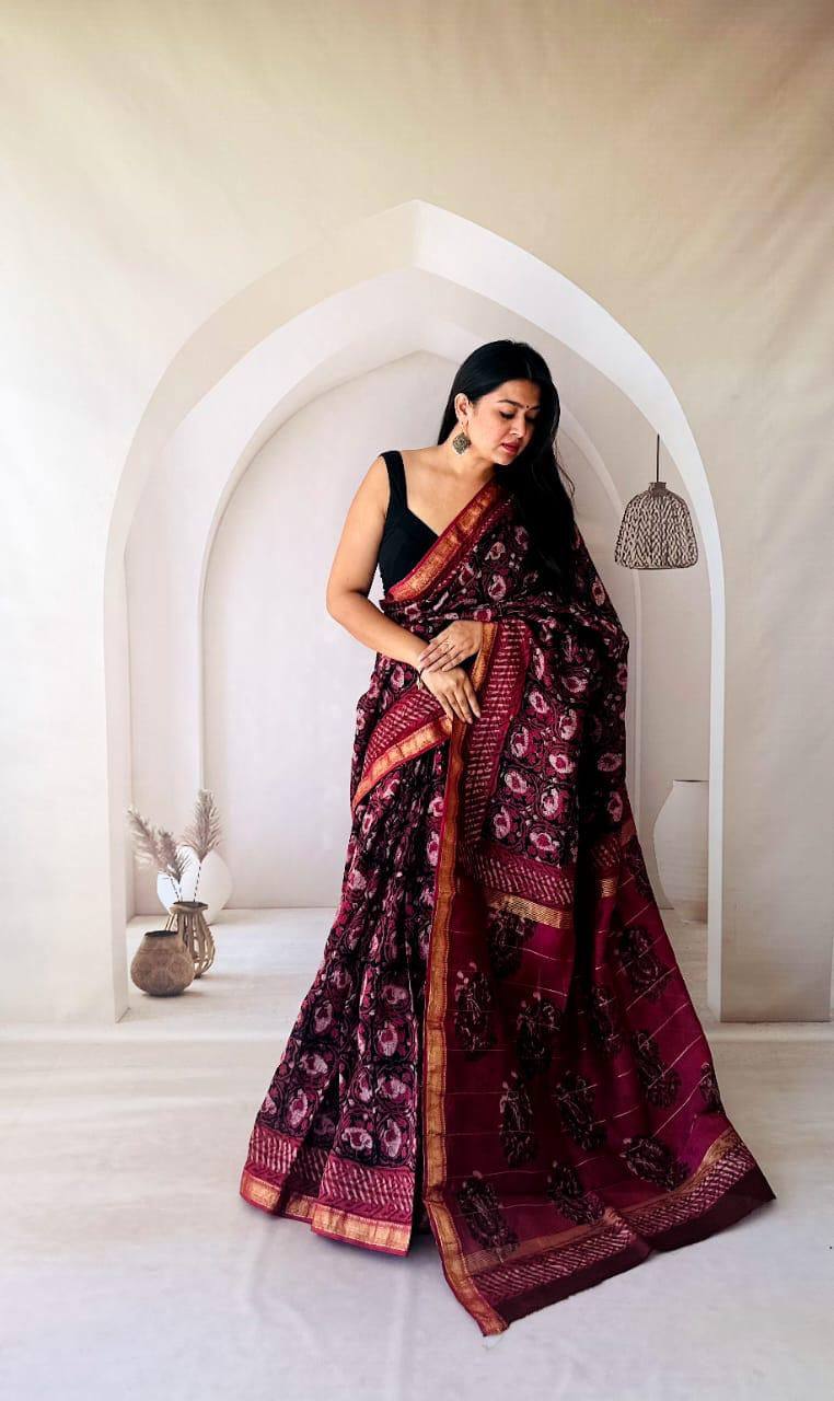 Bagru Handblock and Ajrakh Printed Pure Maheshwari Silk Sarees
