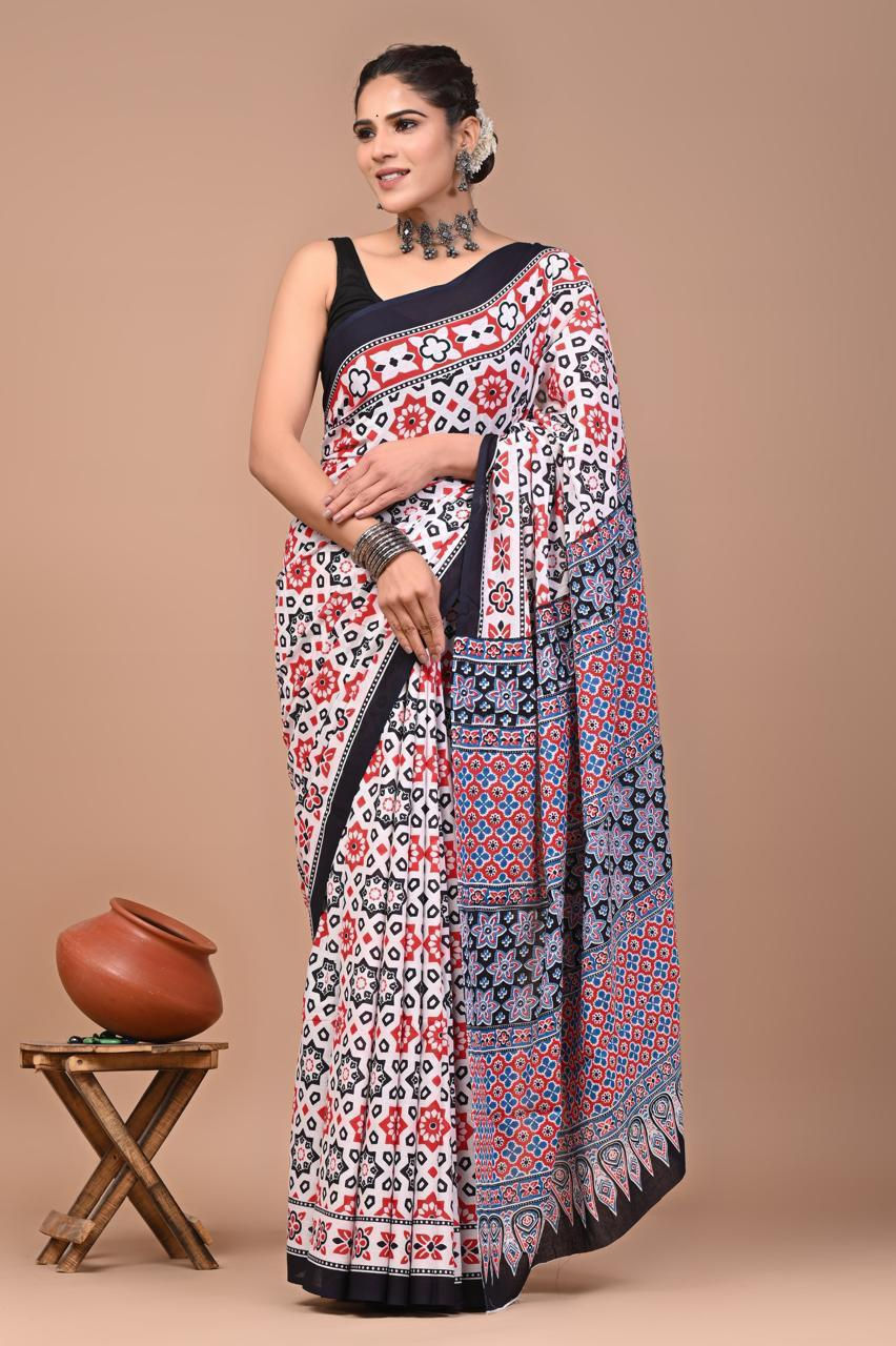 Cotton Handprinted Mulmul Saree with Blouse