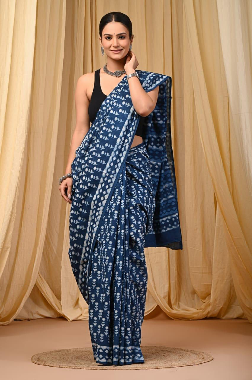 Handprinted Mul Cotton Saree with Blouse