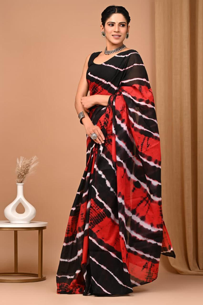 Cotton Handprinted Mulmul Saree with Blouse