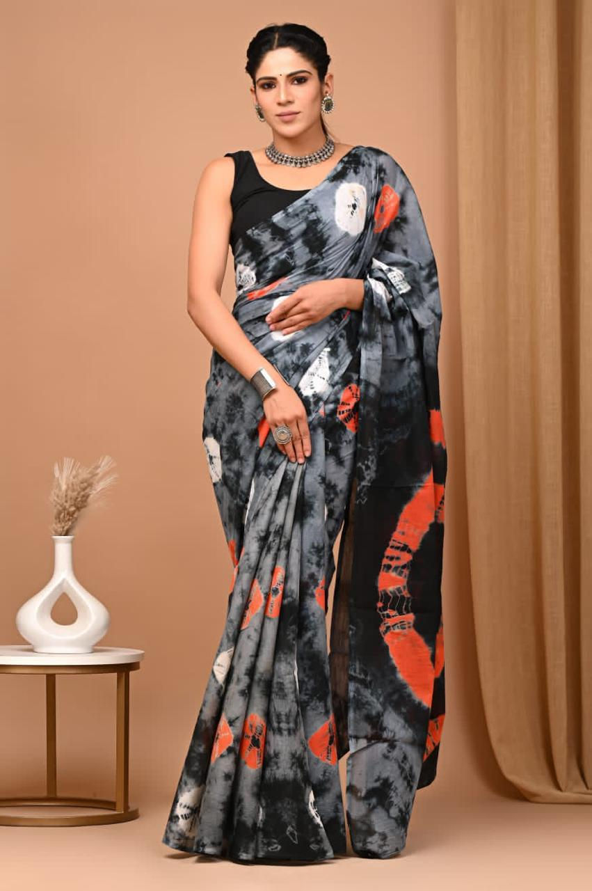 Cotton Handprinted Mulmul Saree with Blouse