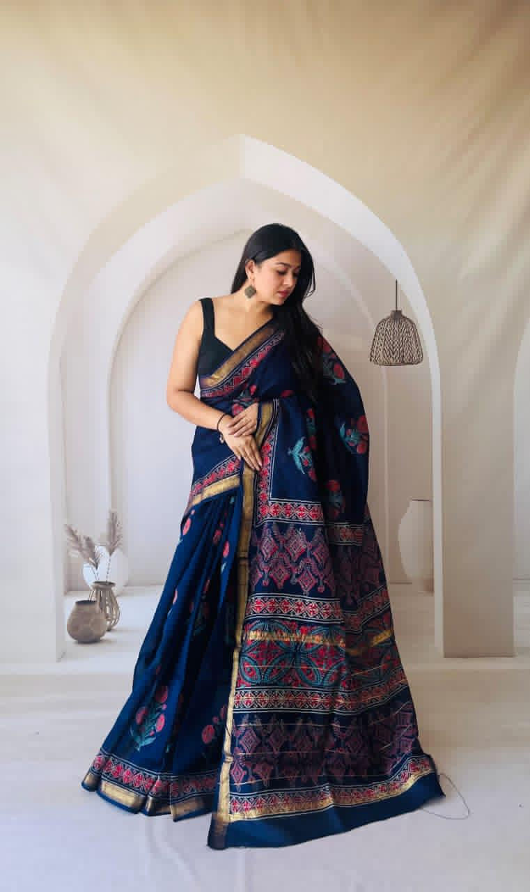 Bagru Handblock and Ajrakh Printed Pure Maheshwari Silk Sarees