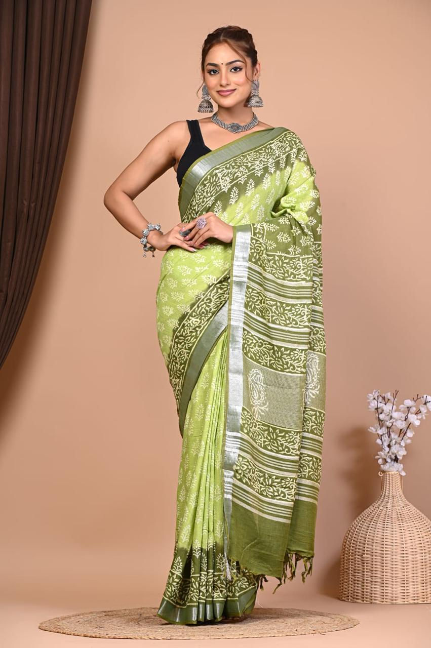 Natural Coloured Hand Printed Linen Saree with Blouse