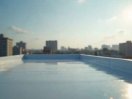 An look into the city from the roof top of a commercial building. The roof is made up of TPO Roofing, a highly reflective roof for energy efficiency.
