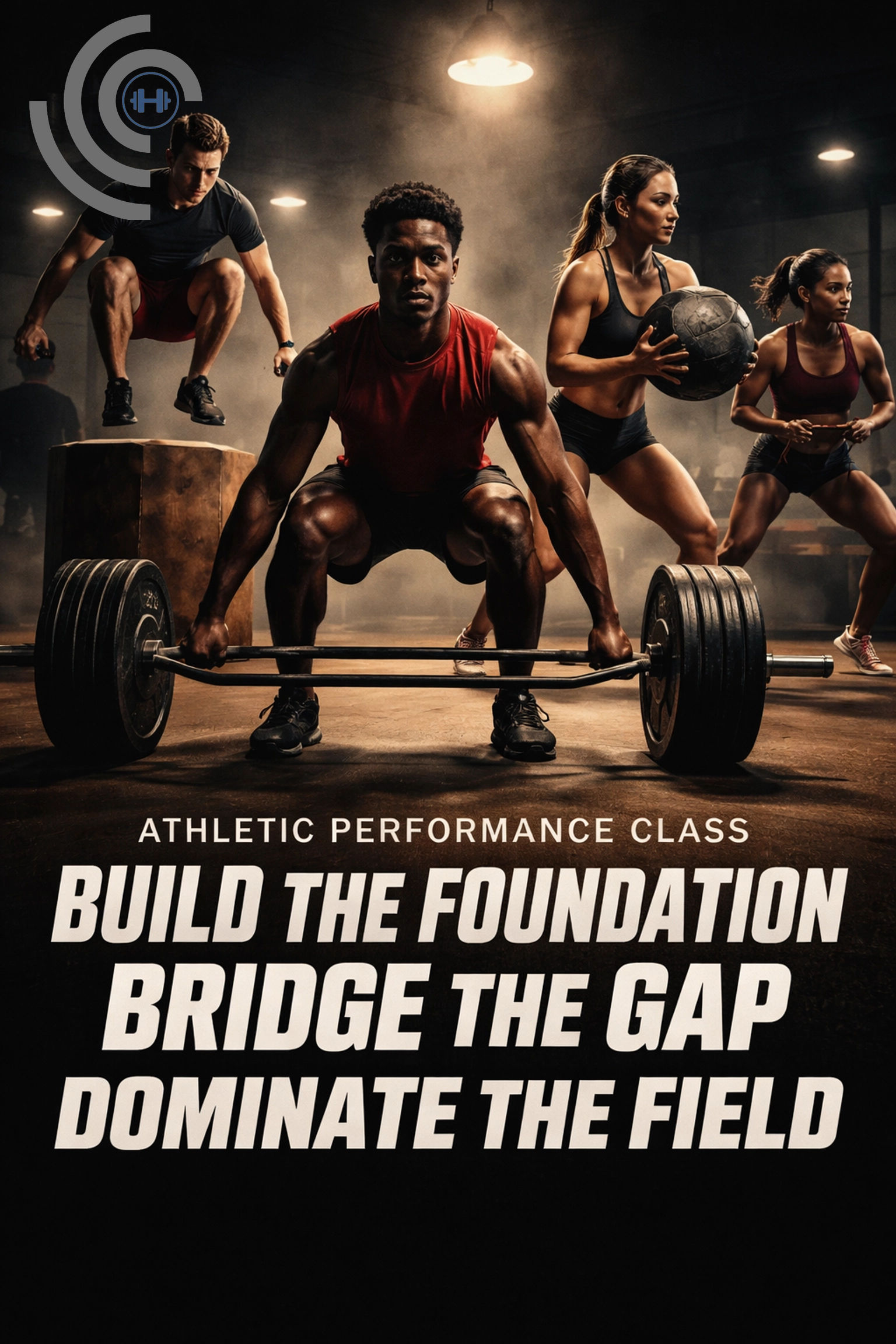"High-contrast, artistic action shot of diverse high school and college athletes focused on agility and strength training, emphasizing proper athletic mechanics and performance coaching."