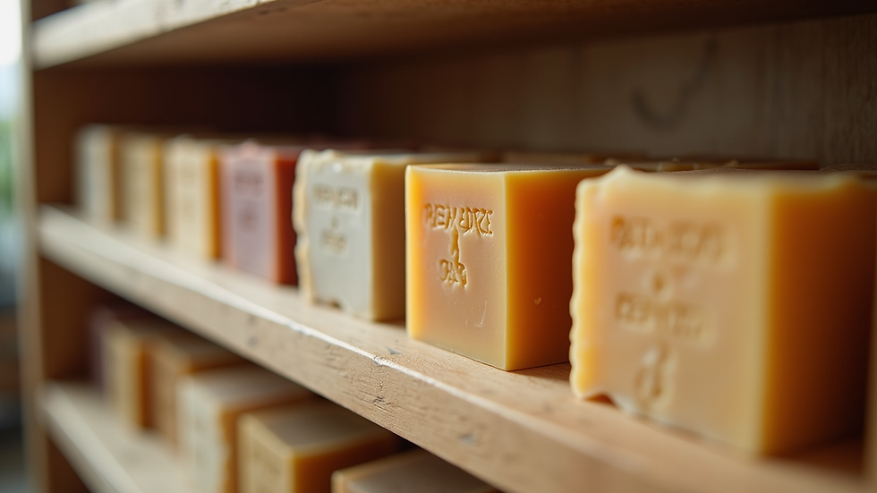 Eye-level view of a wooden shelf displaying various handmade soap bars with natural textures