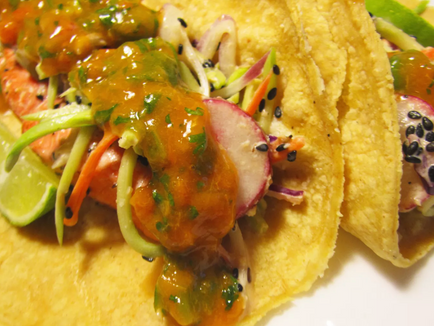 Salmon Tacos with Miso Broccoli Slaw and Apricot Salsa