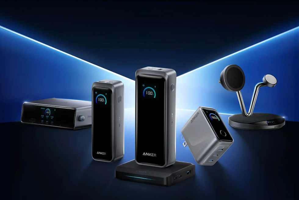 Starting from the left: the Prime docking station, power bank, power bank with base, wall charger, and 3-in-1 bedside charger. Image: Anker