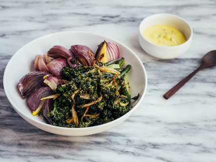 Roasted Broccoli and Red Onions with Caramelized Shallots and Aioli