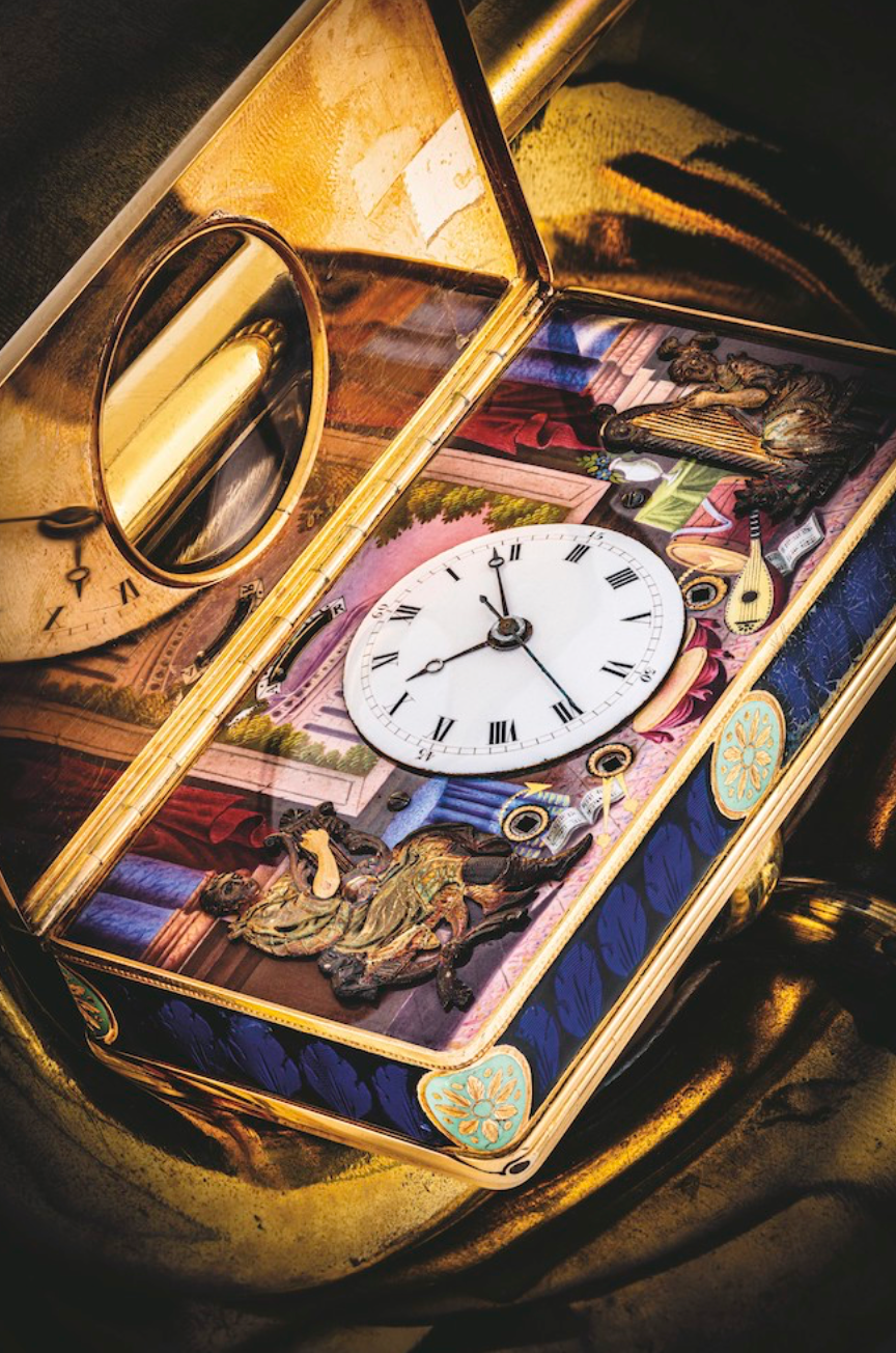 A Piguet et Meylan clock, housed in an enamelled golden music box from around 1815, was assessed between HK$400,000 and HK$1,200,000, ultimately selling for HK$1,250,000 at Christie's. Image: Christie's