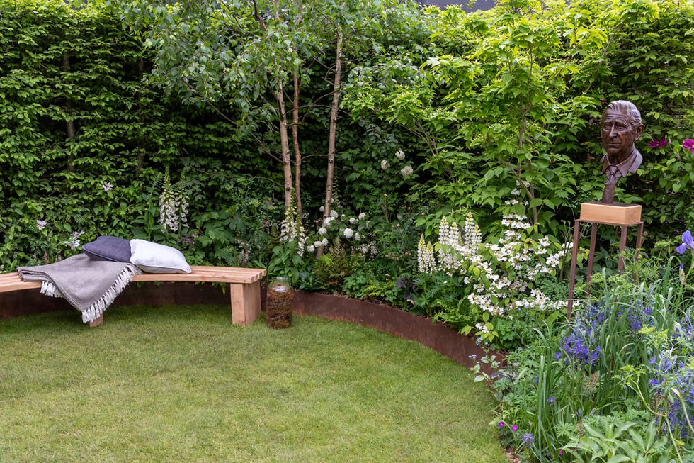 RHS Garden of Royal Reflection and Commemoration. Created by Dave Green. Garden Feature. RHS Chelsea Flower Show 2023. Stand number 111. (RHS/Tim Sandall)