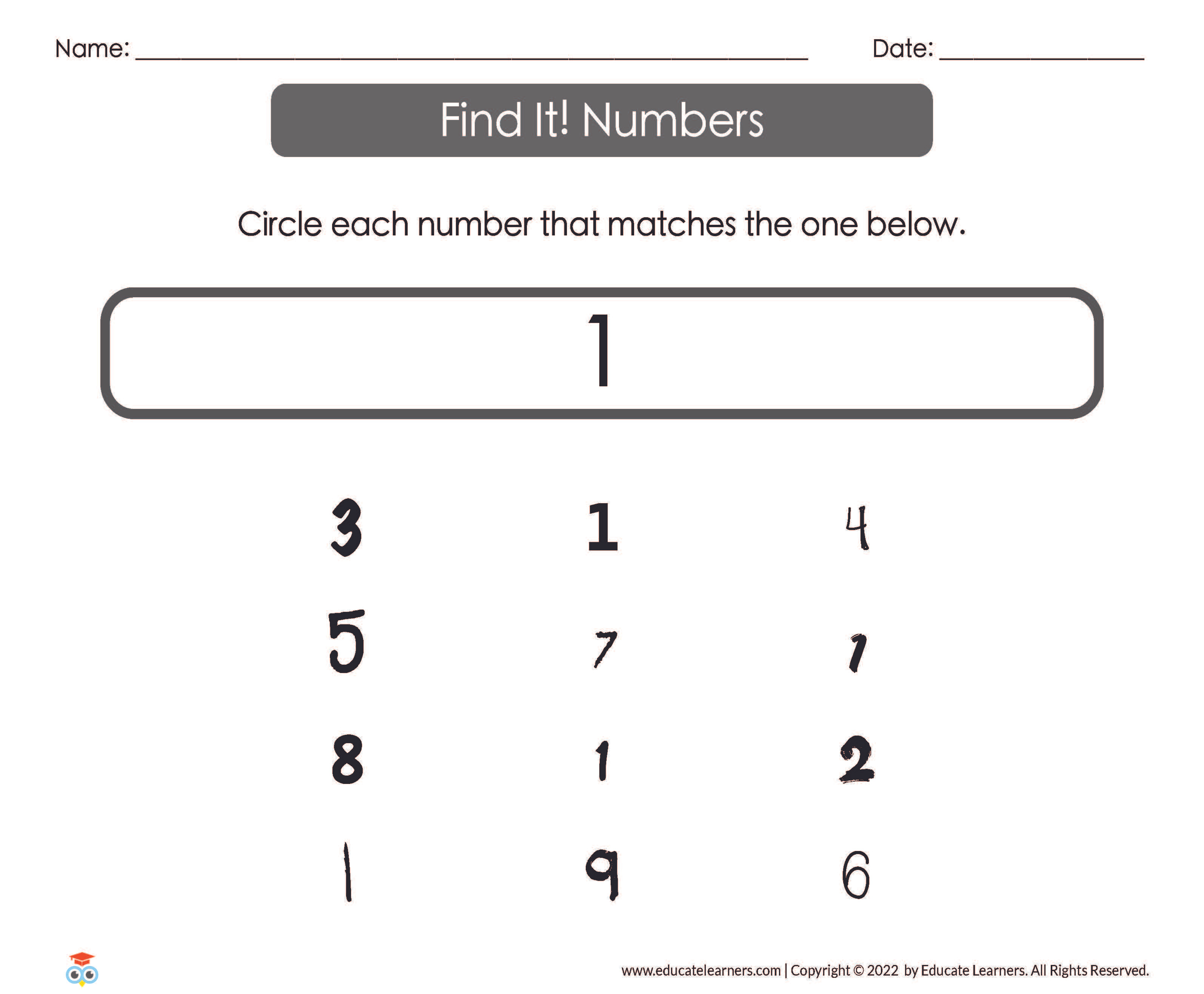 First Number Digit Find It! Numbers - Digits EL 113