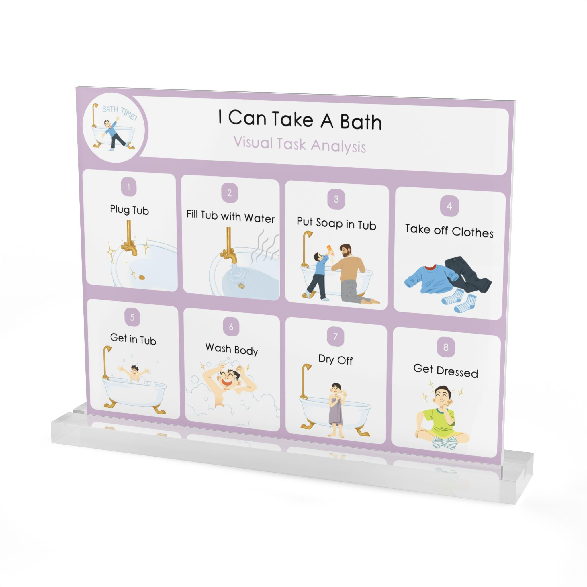 Bath Visual Schedule & Task Analysis Acrylic Chart for Kids | 10x8