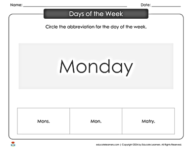 Days of the Week, Abbreviation, Circling, Sight Reading, Word Identification
