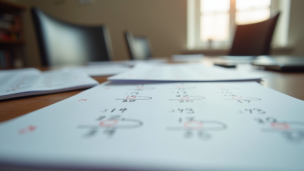 Close-up view of printed worksheets with simple math problems on a desk