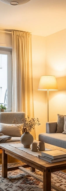 Renderização 3D de uma sala de estar aconchegante em um apartamento europeu com piso de parquet romano, um sofá cinza confortável, uma mesa de centro rústica de madeira, um abajur de chão com luz quente, uma grande janela com porta para varanda e cortinas bege, vista para os prédios vizinhos, um tapete tradicional com estampa, almofadas decorativas, criando uma atmosfera acolhedora e intimista.