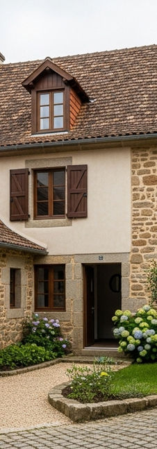 Renderização 3D de uma casa tradicional de aldeia europeia com fachadas de pedra exposta e reboco bege, telhado de telha de terracota com janelas de sótão, persianas de madeira castanha, jardim com hortênsias azuis e rosas, vegetação mediterrânica, pavimento em pedra, arquitetura rural autêntica e charme antigo preservado.