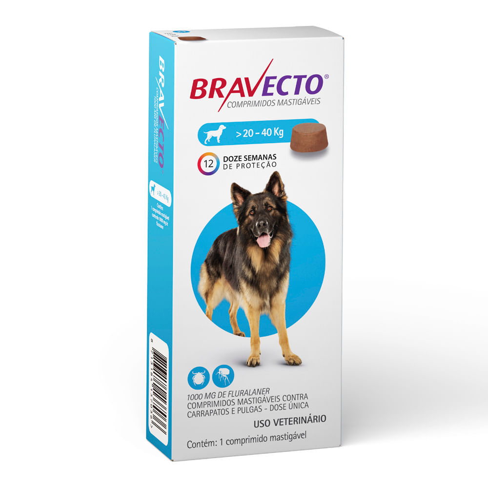 Bravecto 20 a 40kg Antipulgas Oral Cães Comprimido Mastigável 1000mg