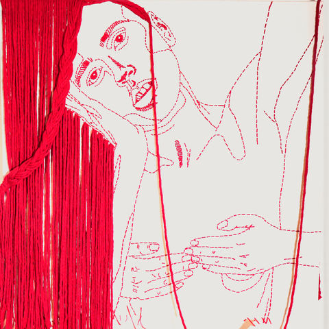 Quadro branco com arte têxtil, retrato de mulher bordado em linha vermelha