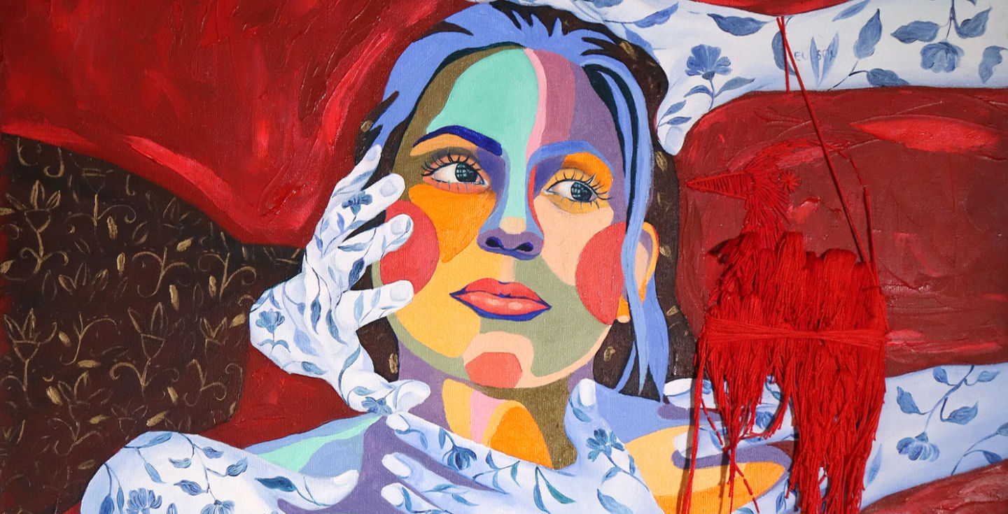 Quadro pintura à óleo e bordado, com mulher grávida e várias mãos a tocando