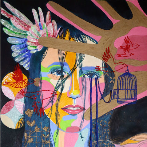 Quadro de pintura á óleo e bordado de rosto de mulher, colorido, com gaiola e pássaros