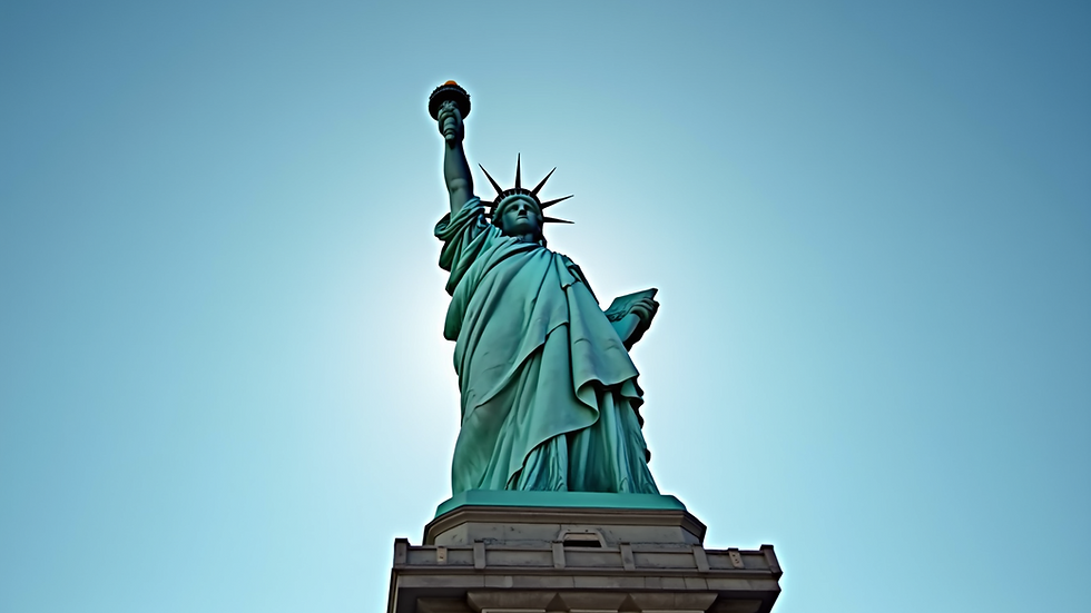 Eye-level view of the Statue of Liberty against a clear blue sky