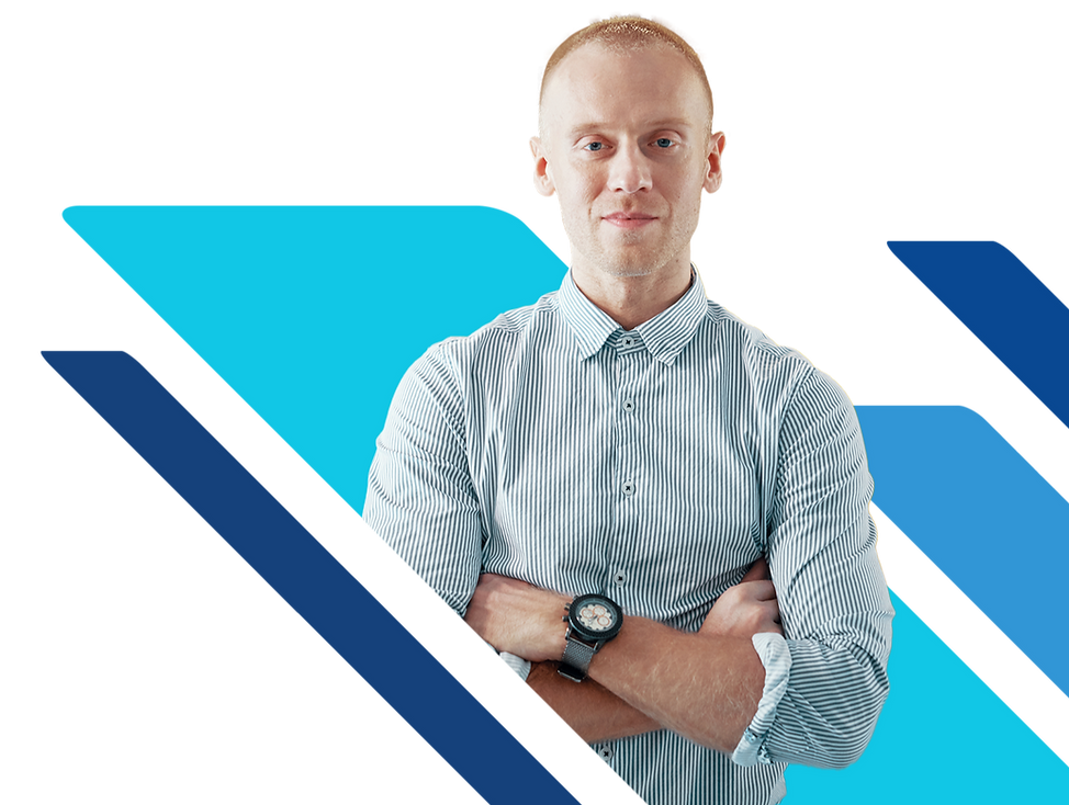 Professional man with arms crossed, wearing a striped shirt, representing cyber security expertise, surrounded by abstract blue shapes, emphasising trust and support in safeguarding data and networks.
