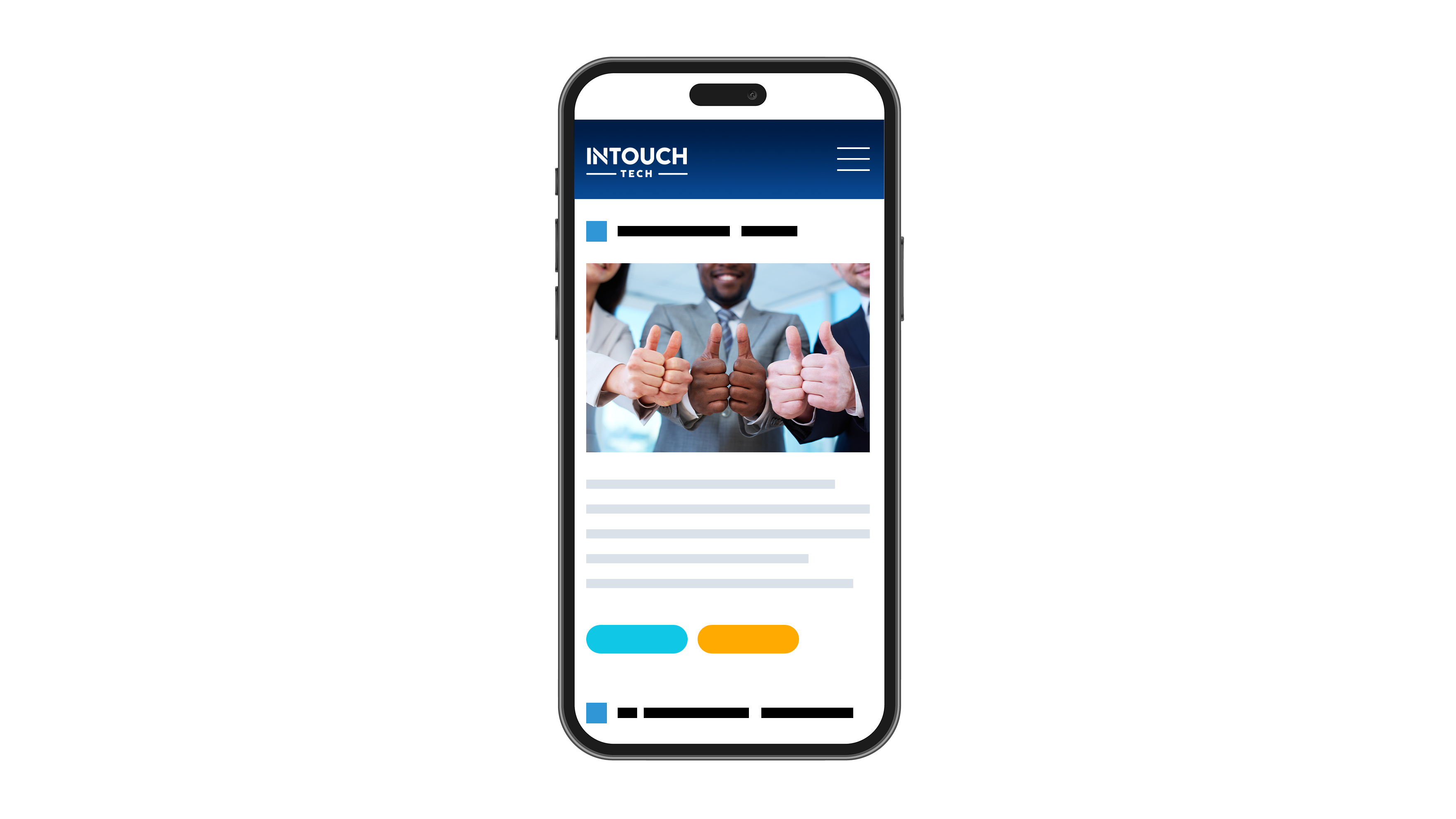 Group of professionals giving thumbs up on a mobile screen, representing positive feedback and satisfaction with Intouch Tech's website design and social media services.