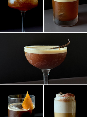 A grid of five coffee cocktail recipes in coupe, rocks, and highball glasses, each with a rich amber espresso base and a thick cream foam top, garnished with orange twists, coffee beans, a vanilla bean pod, or a dusting of cocoa, all styled against a dark moody background.