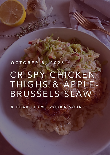 Crispy golden chicken thighs over creamy Parmesan risotto topped with a shaved Brussels sprout and apple slaw in a white bowl, styled for date night.
