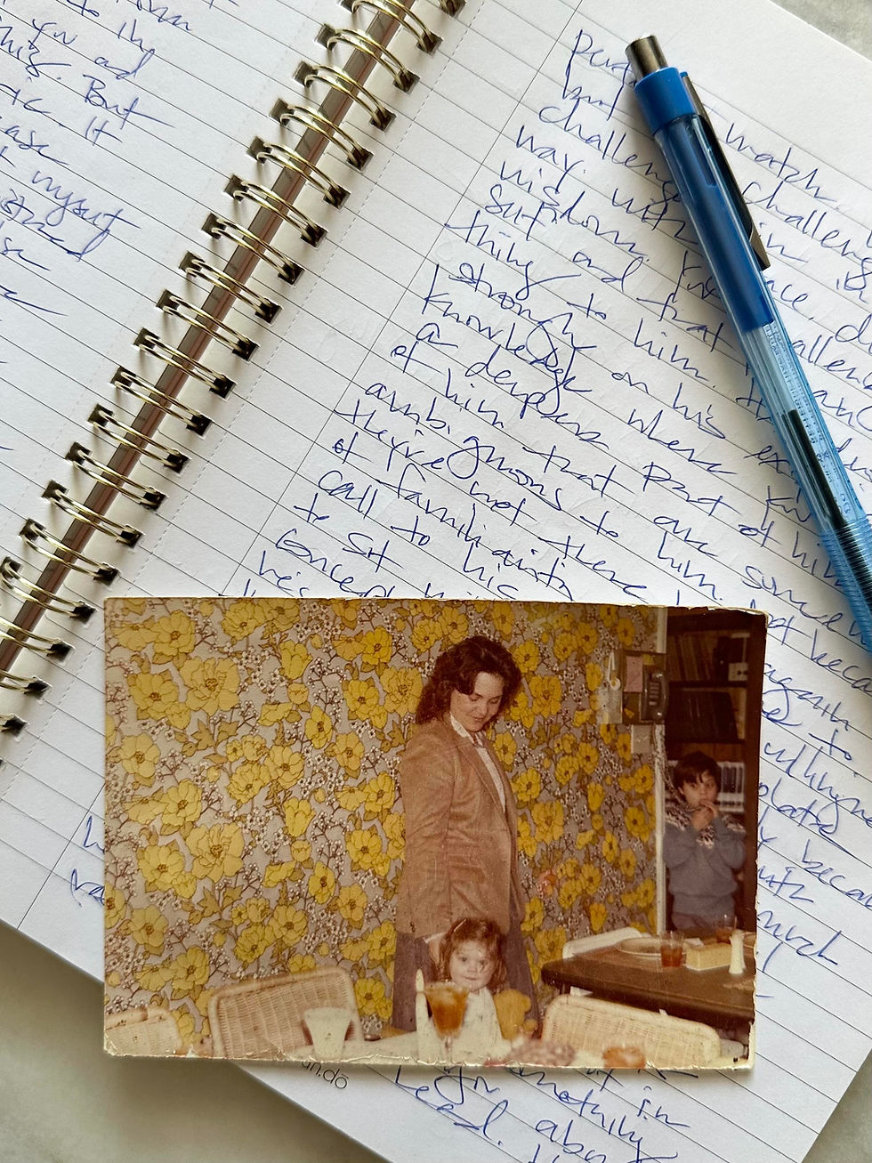A personal journal entry from a spiritual writing session with my late mother, with a photo of us holding hands when I was a child—capturing connection across time.