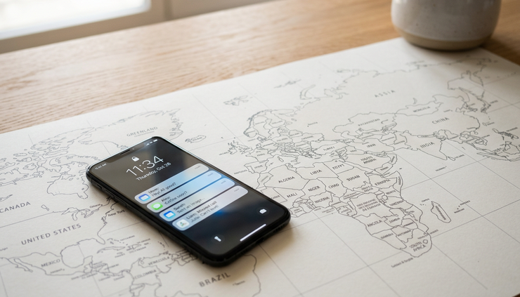 Wide-angle view of a glowing mobile phone beside a clean world map on a light table