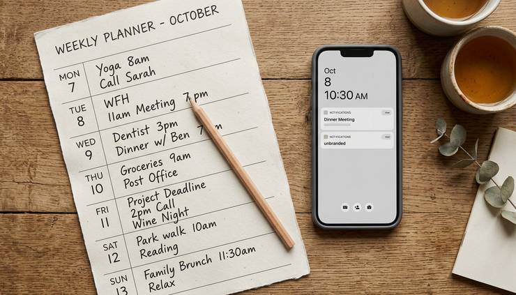 Overhead view of a handwritten weekly calendar beside a mobile phone on a wooden surface.
