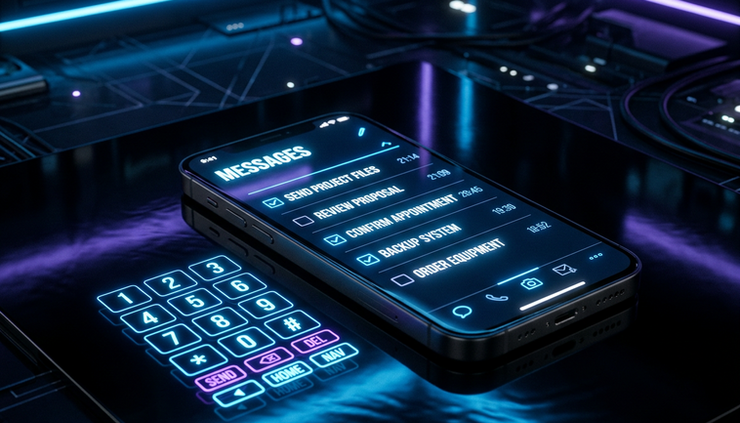 Close-up view of a smartphone showing a simple message checklist beside a glowing keypad