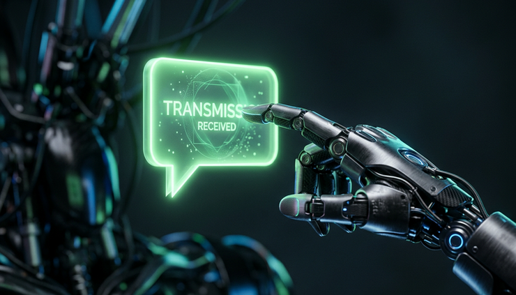 Close-up view of a single robotic hand touching a floating green message bubble in a dark studio