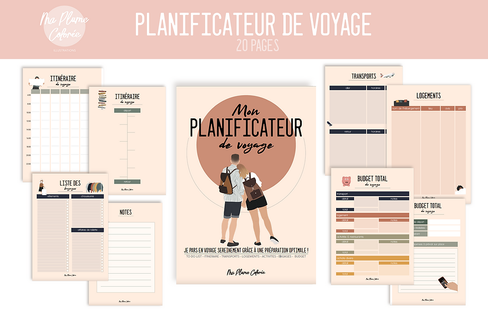Planificateur de voyage avec aperçu des pages du document, budget, destinations, activités, bagages