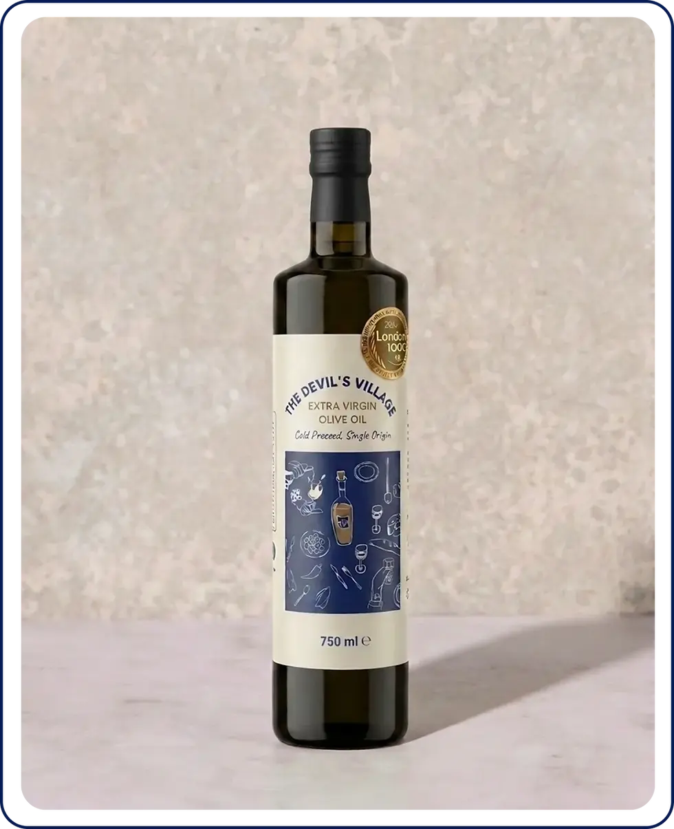 The Devil's Village extra virgin olive oil, 750ml dark glass bottle, with Great Taste 2026 and London IOOC 2026 Gold award badges