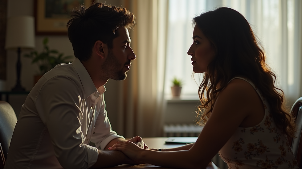 Eye-level view of a couple engaged in a deep conversation