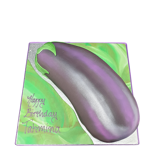 Bespoke aubergine-themed celebration cake with glossy purple icing and intricate detailing in Solihull, West Midlands.
