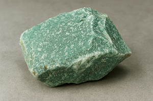 Rough aventurine gemstone with speckled texture on a plain gray background. No text or significant actions. Natural and earthy appearance.