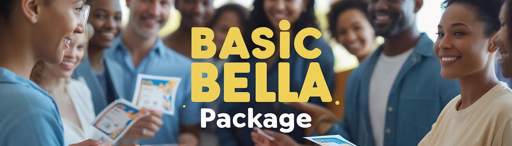 create a website banner with the words _Basic Bella Package_ include someone giving out fl