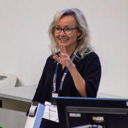 Conference presenter standing beside a lectern and display screen during a session.