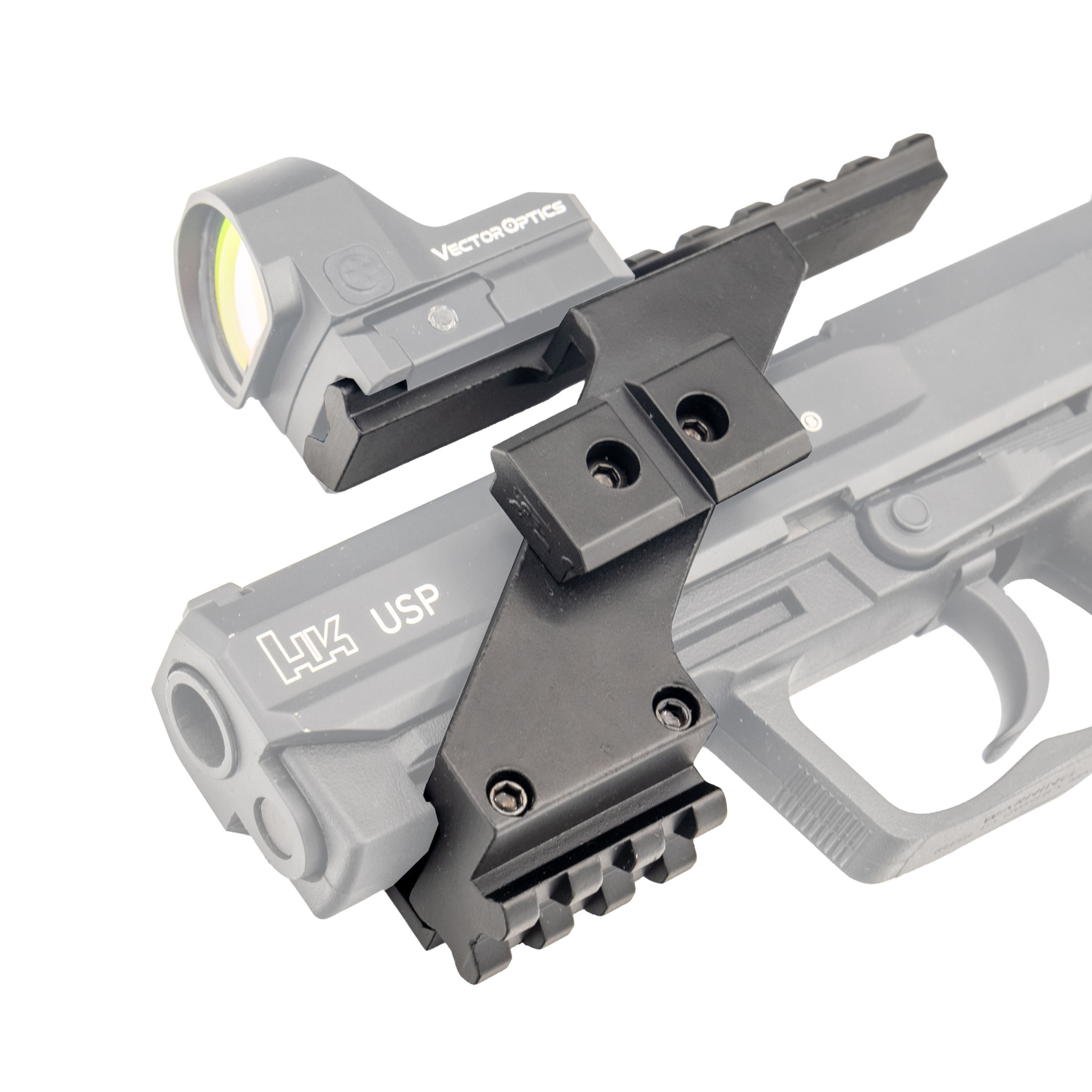 Red dot sight mounted on pistol with a picatinny bridge mount